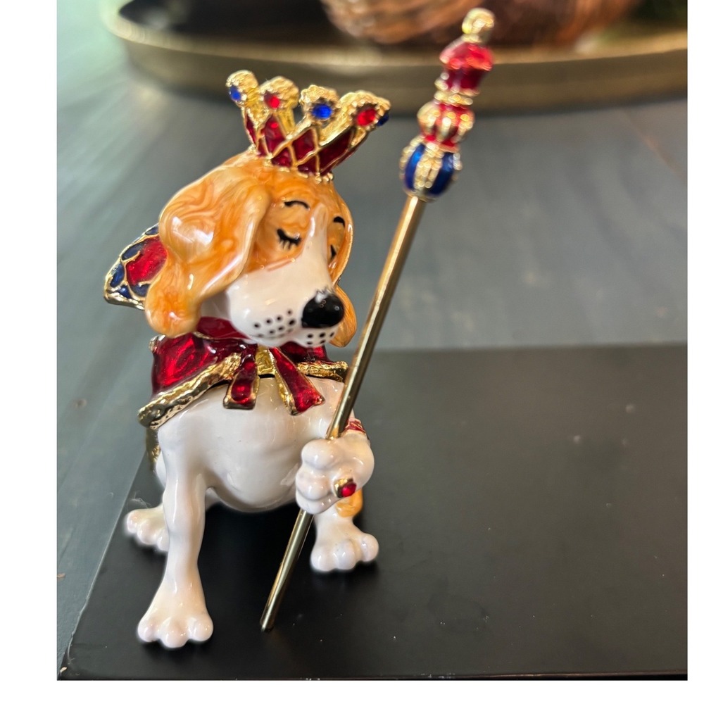 Royal Beagle Dog Enameled Jeweled Trinket Box King Hound Crown Scepter Figurine